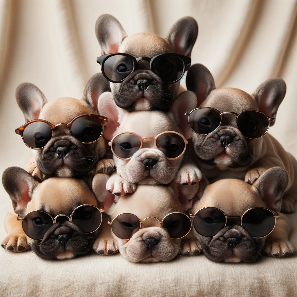 Photo of three French Bulldog puppies lying side by side on a cream background. Each puppy is wearing sunglasses, looking relaxed and adorable